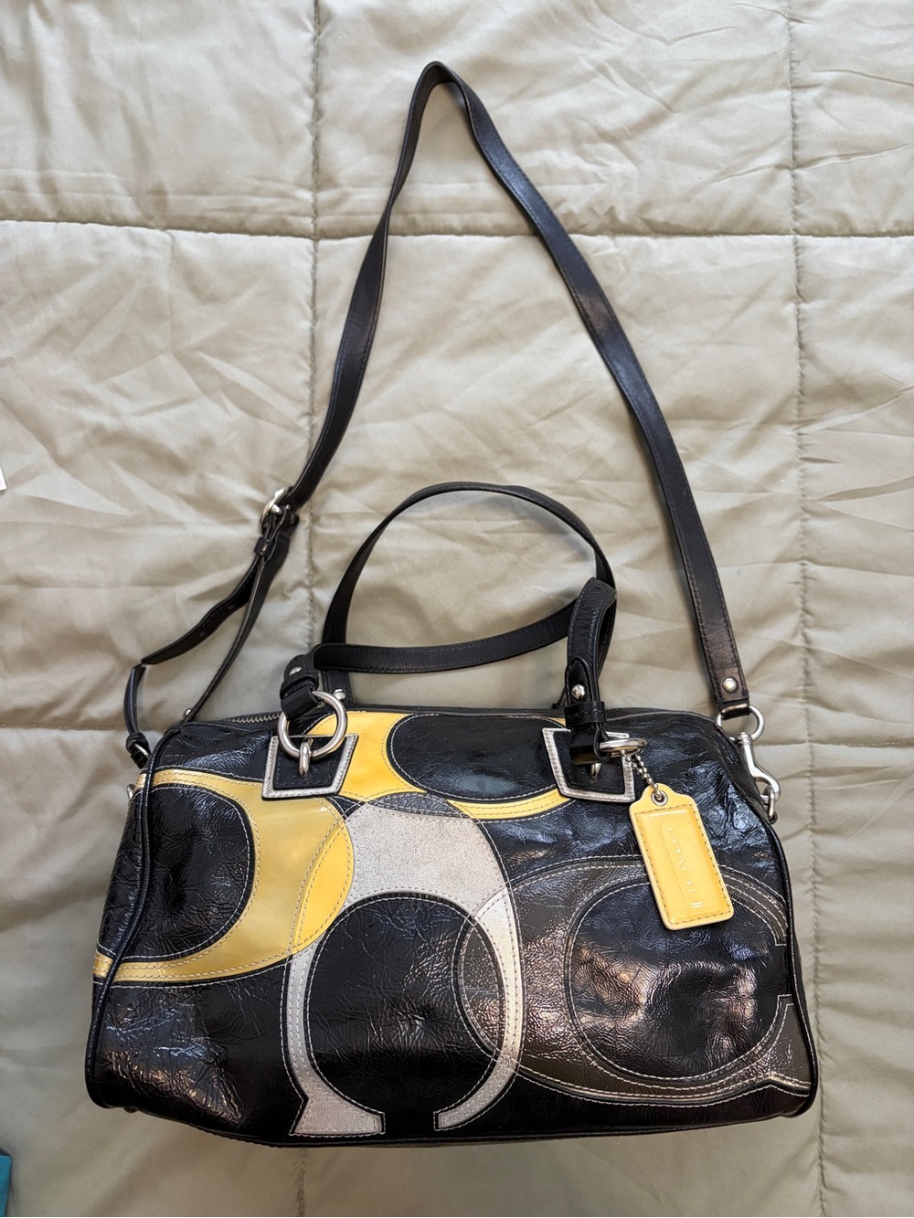 Coach Black Leather Shoulder Bag with Yellow and Cream Accents